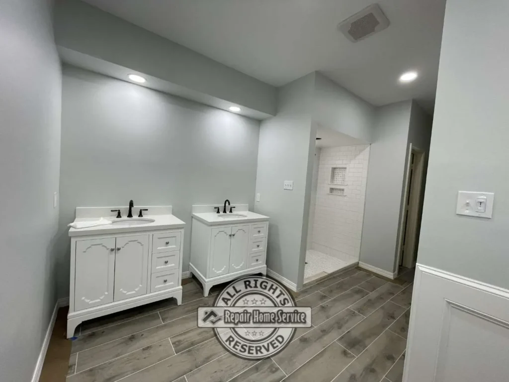 Final completed bathroom remodel with custom shower and freestanding bathtub in Cypress TX