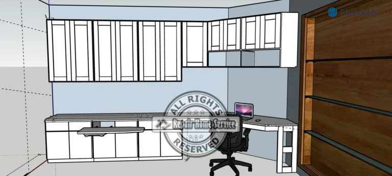 SketchUp 3D design rendering of an L-shaped craft room cabinet layout in Houston area home showing upper cabinets, base storage, corner desk, pull-out ironing board, and built-in bookcase.