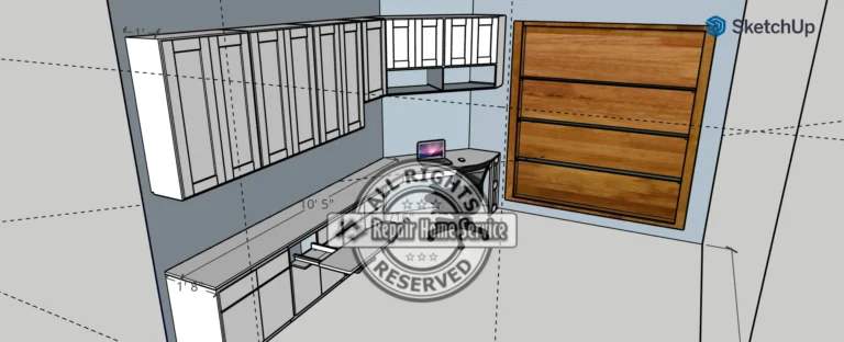 Annotated SketchUp cabinet plan for a Cypress TX craft room with measured upper and lower cabinet runs, corner desk area, open shelf cubbies, and adjacent built-in bookcase panels.