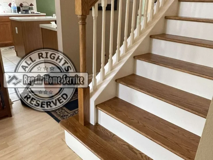 Interior staircase before remodel in Houston TX 77064 home showing existing worn stair treads and risers ready for replacement