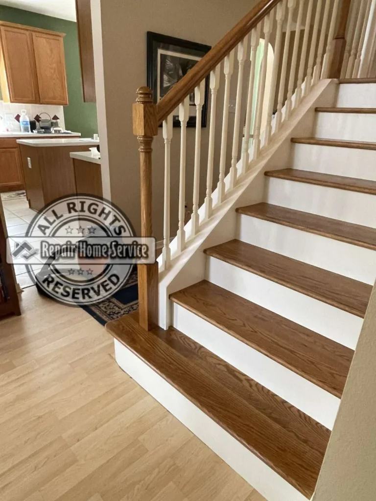Interior staircase before remodel in Houston TX 77064 home showing existing worn stair treads and risers ready for replacement