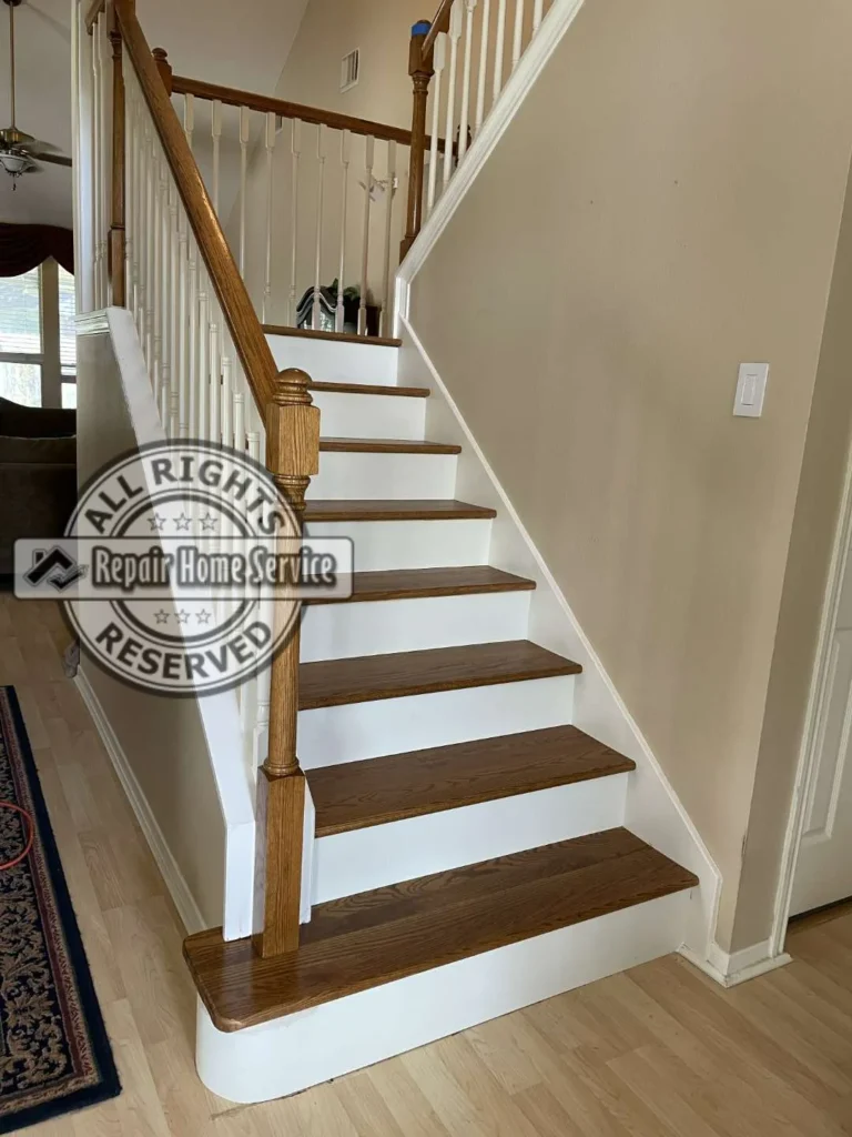 After photo of remodeled Houston TX staircase with custom red oak treads and white maple risers, matching the opening before view