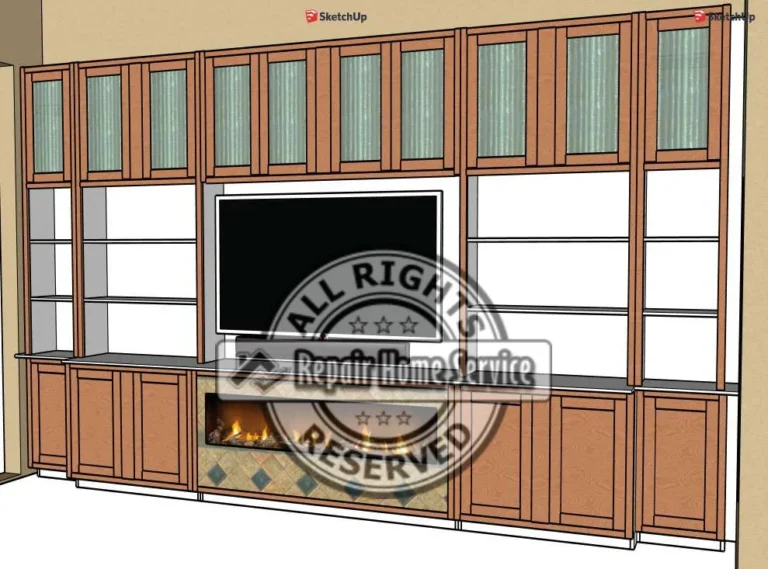 Design rendering for custom living room entertainment bookcase with cabinet layout, shelving sections, TV opening, and fireplace console