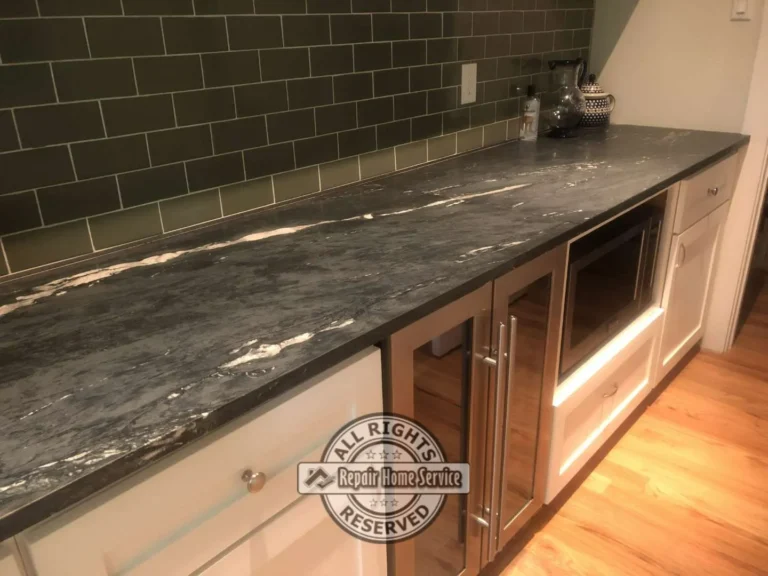 Butler pantry remodel featuring shaker cabinet design and soapstone countertop installation in Houston TX