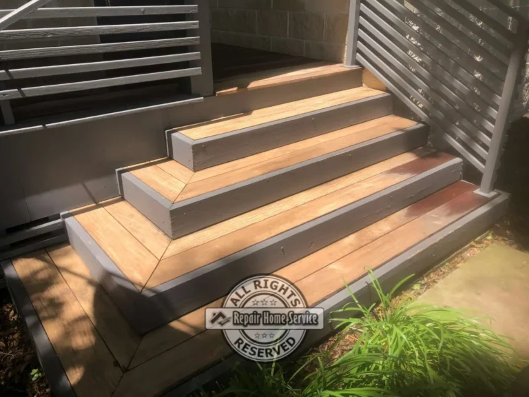 Refinished IPE wood deck with restored natural color and finish in Houston TX