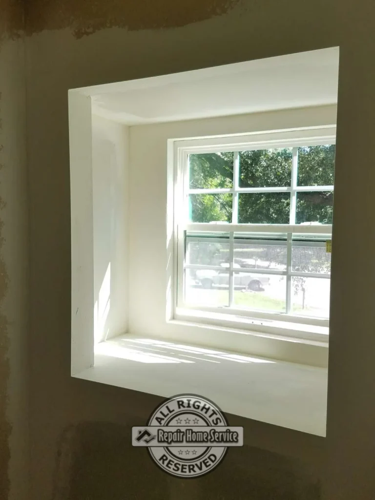 Finished drywall window return with smooth white painted trim area, deep sill, sunlight through the window, and surrounding wall ready for paint.